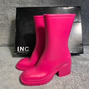 INC Bubble Gum Barbie Pink Chunky Heel Zip Mid Calf Rain Boots Women Size 6M NEW
